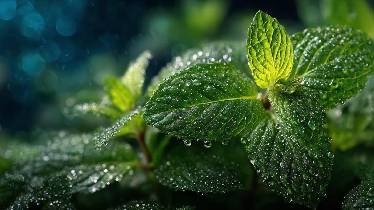 Close-Up of Fresh Mint Leaves Glistening with Dew, Showcasing Vibrant Green Colors and Textures Against a Soft, Blurred Background with Blue Highlights