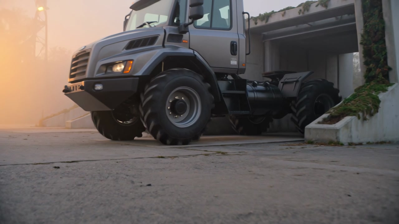 Starting engine, off-road truck creeping forward out of concrete bay to reach yard, hazy backlight