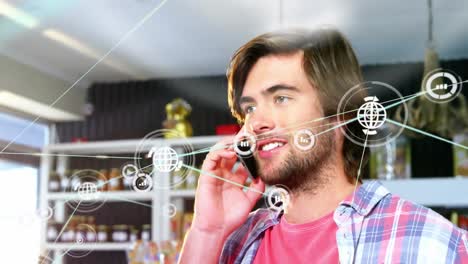 animación de un hombre caucásico hablando en un teléfono inteligente a través de una red de conexiones con iconos.