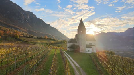 aerial drone over a medieval church in the middle of the vineyards in autumn in south tyrol