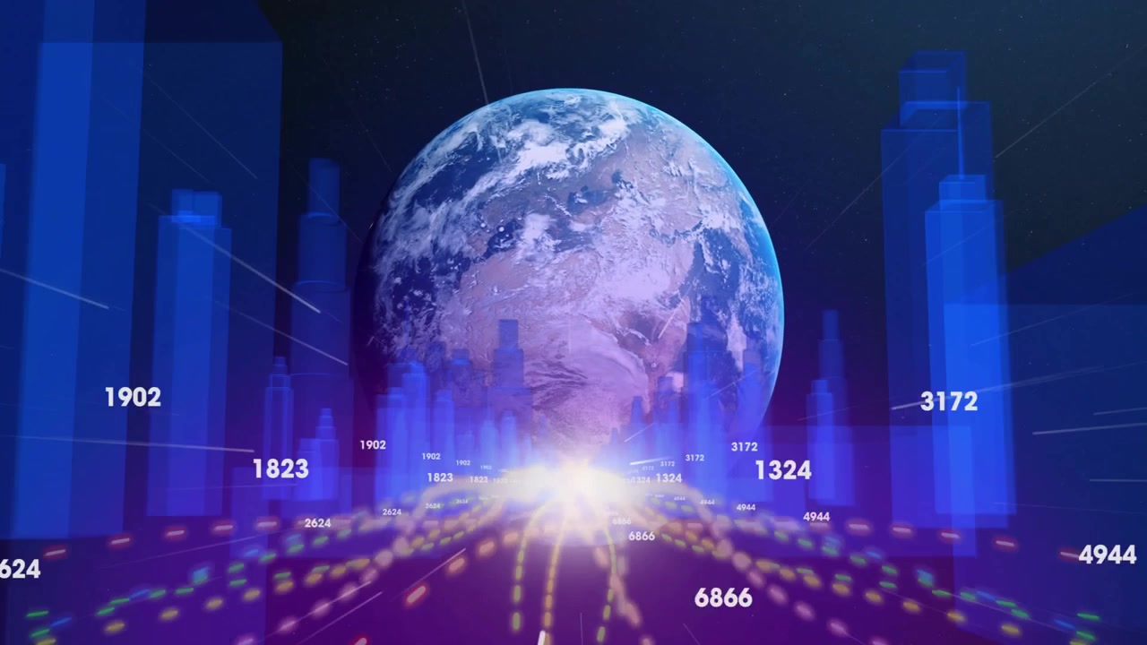 Digital Earth Globe with Floating Data and Futuristic City Skyline