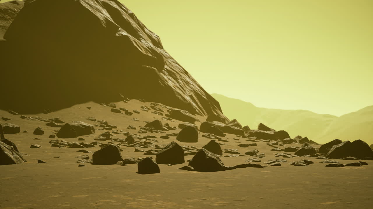 Exploring a rocky landscape under a yellow sky on an alien planet