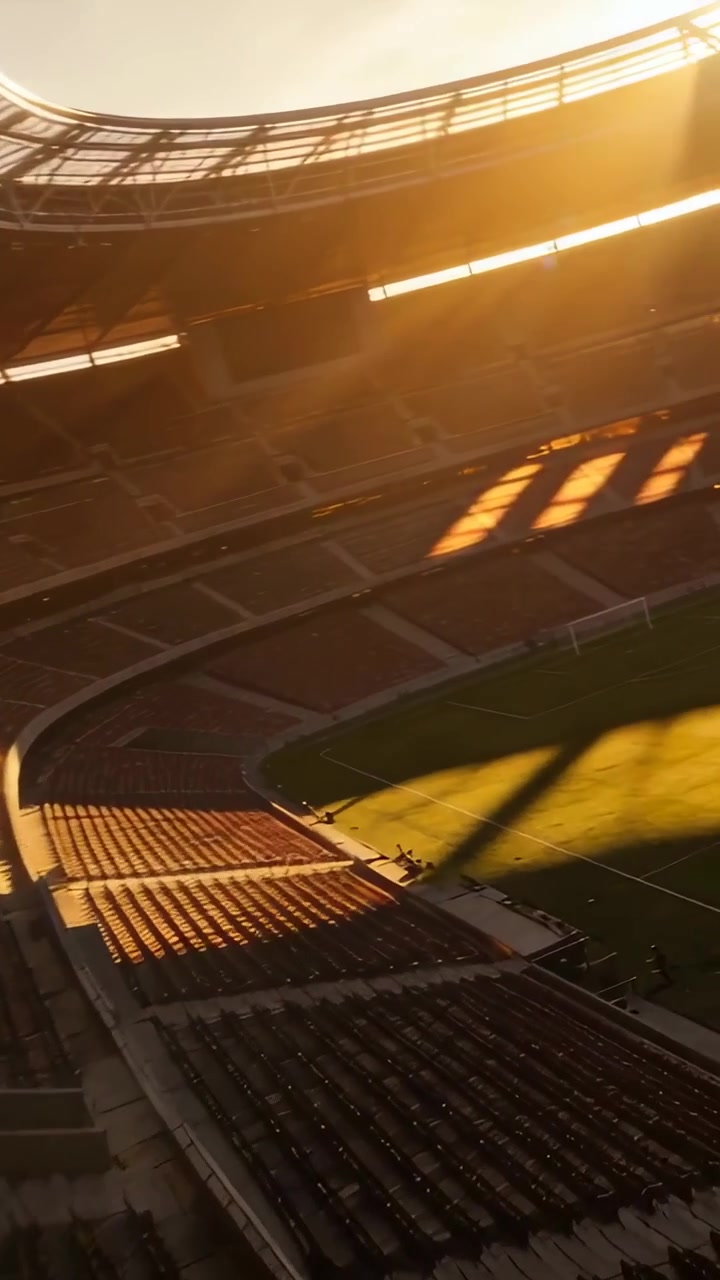 Video verticale: Telecamera che panoramica iniziando lungo una ringhiera curva, rivelando i posti a sedere e un campo illuminato dal sole.