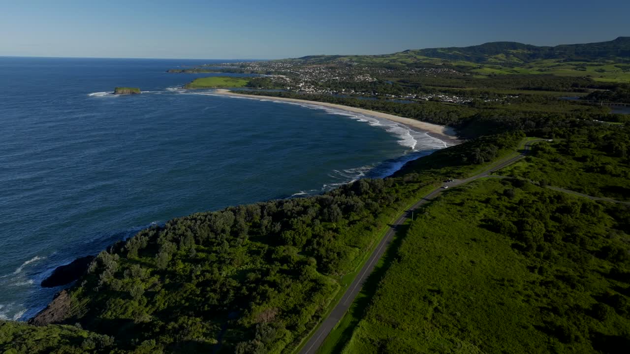 Mystics Farm car driving surfing break Killalea Minnamurra beach Illawarra State Park aerial drone Shellharbour Wollongong Australia NSW South Coast Shell Cove Stack Rangoon Island sun blue sky circle