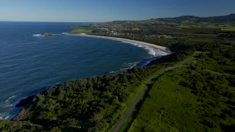 mystics farm car driving surfing break killalea minnamurra beach illawarra state park aerial drone shellharbour wollongong australia nsw south coast shell cove stack rangoon island sun blue sky circle