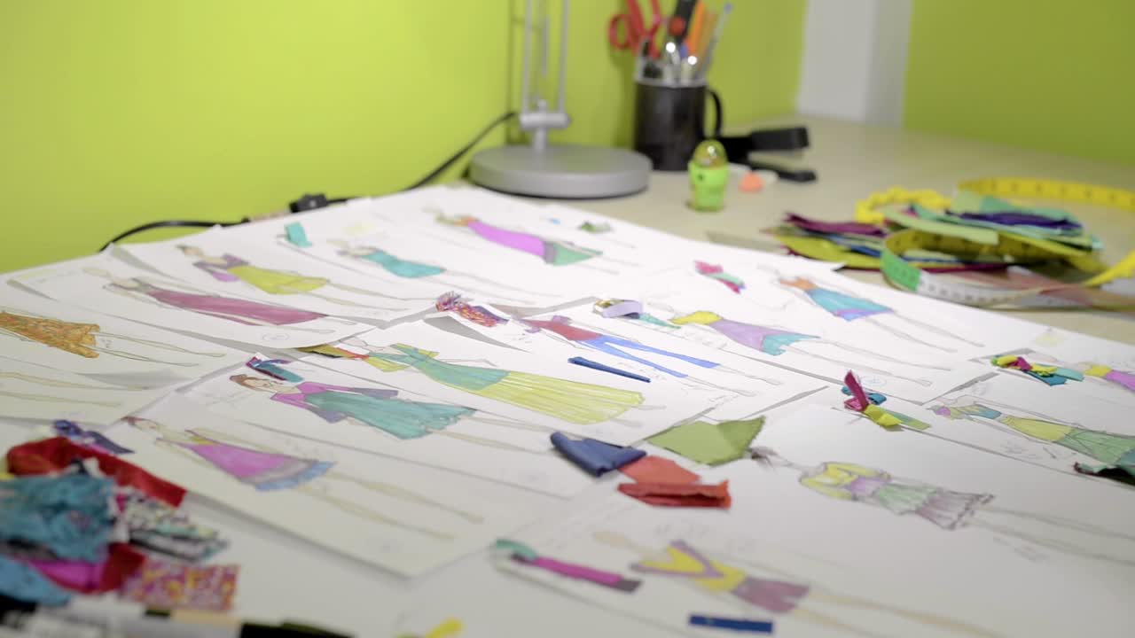 새로운 컬렉션을 위한 여러 스케치와 모델이 있는 패션 디자이너의 워크스테이션