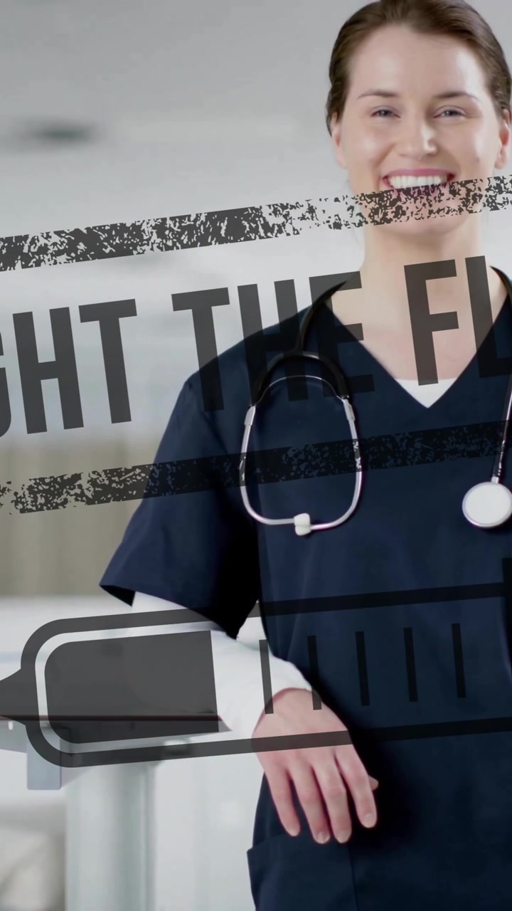 Animazione del testo 'Combatti l'influenza' e di una siringa su una dottoressa caucasica in ospedale