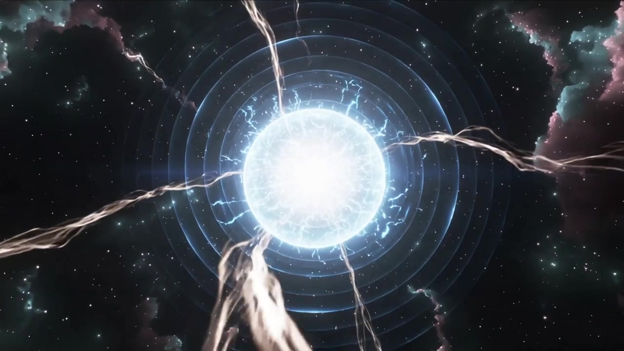 Approaching ribbon tendrils connecting to central energy orb in star field, boosting core glow