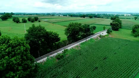 Train-Tracks-in-Amish-Countryside-and-Farmlands-as-Seen-by-Drone