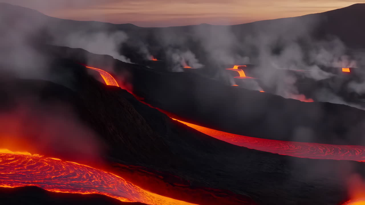 Multiple streams of molten lava flowing down a volcanic landscape at twilight