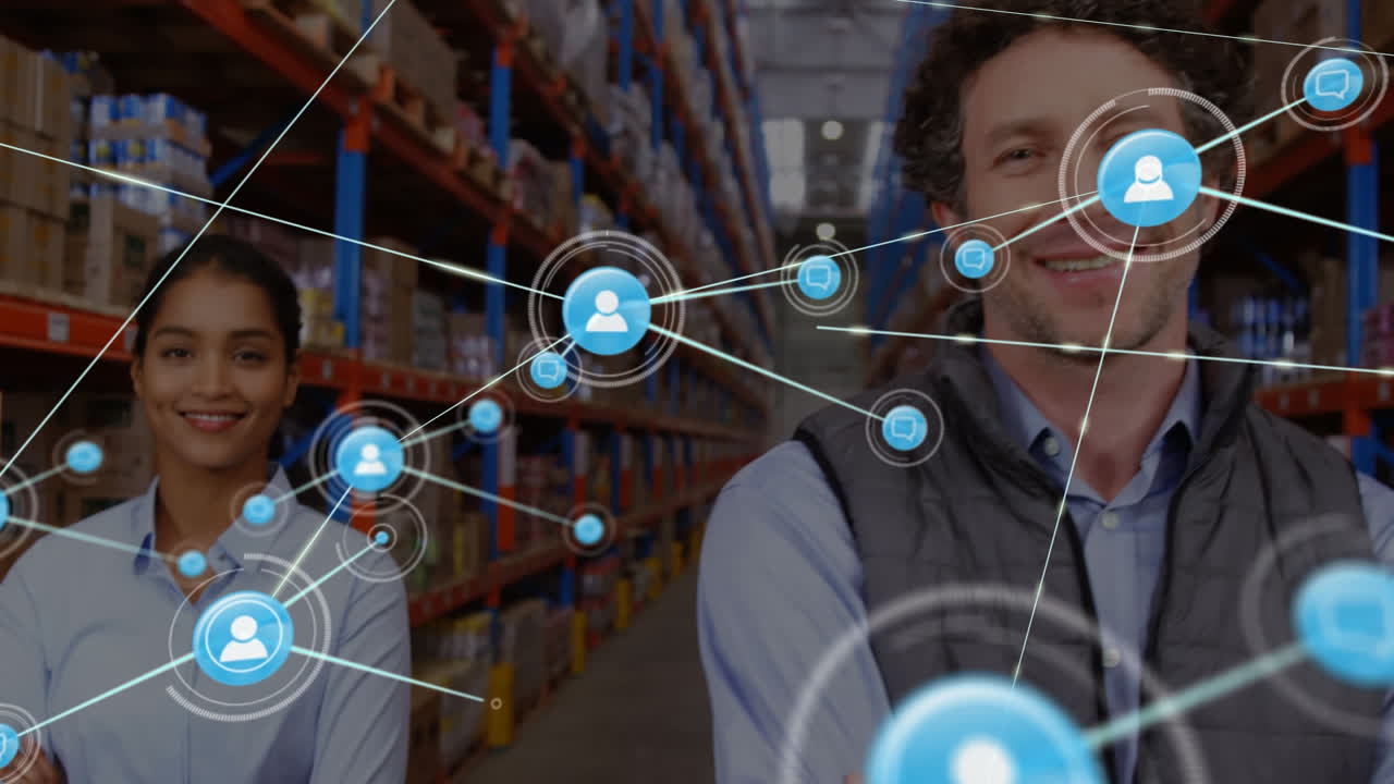 animación de la red de conexiones entre diversos trabajadores en el almacén