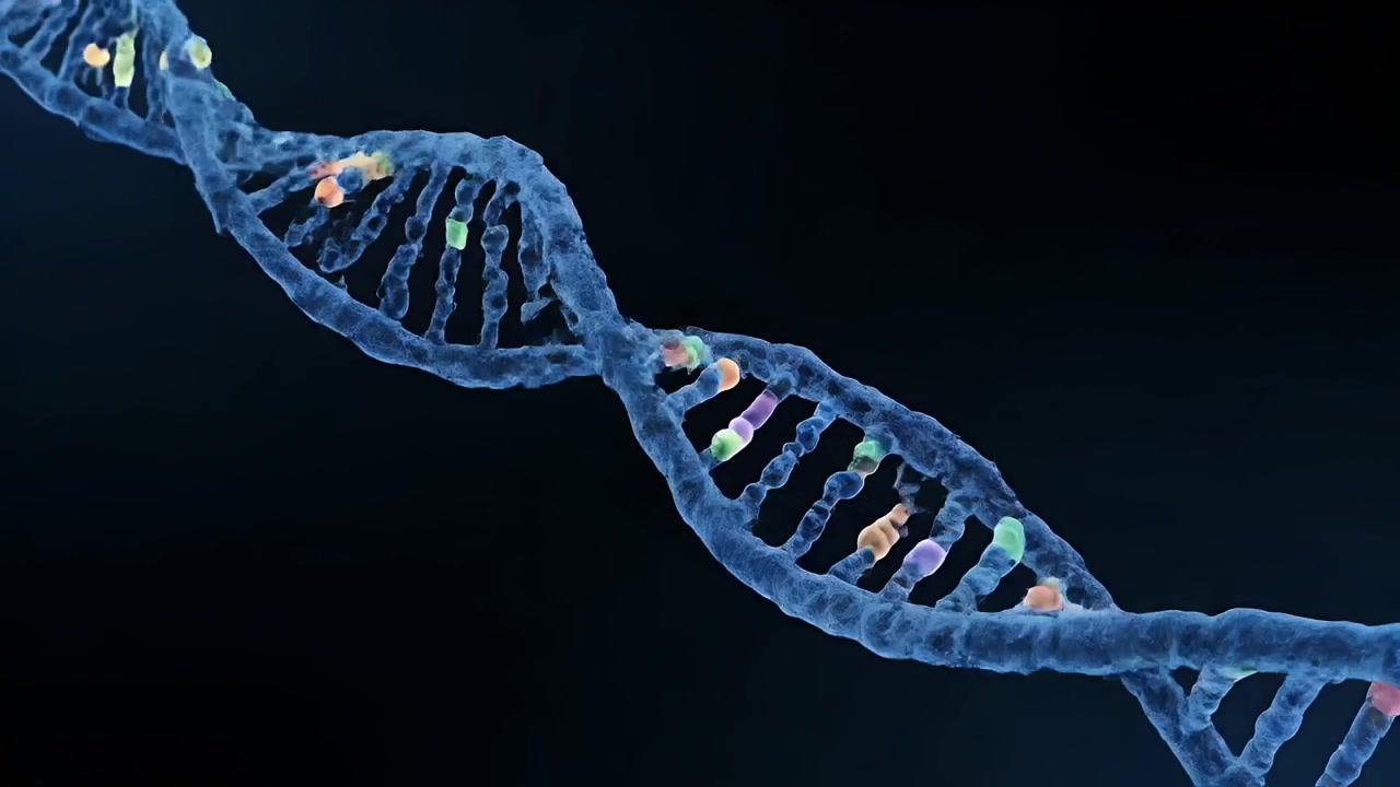 Struttura a doppia elica del DNA rotante su sfondo scuro