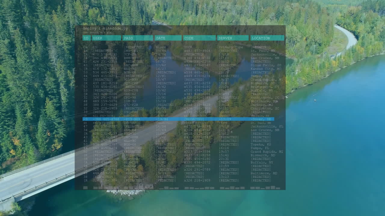 Terminal window showing user data and code overlaying winding forested lakeshore bridge