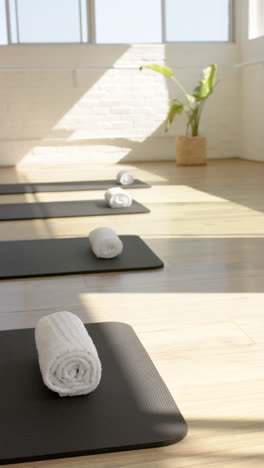 vertical video: yoga mats with rolled towels in bright pilates studio, ready for class, copy space