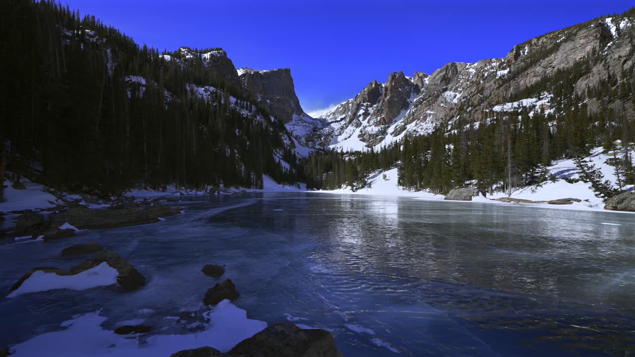 Winter frozen ice Dream Lake Rocky Mountain National Park RMNP Colorado sunny blue sky Hallett Peak Flattop Mountains Tyndall Glacier morning landscape high alpine Emerald Lake Bear Lake trail static