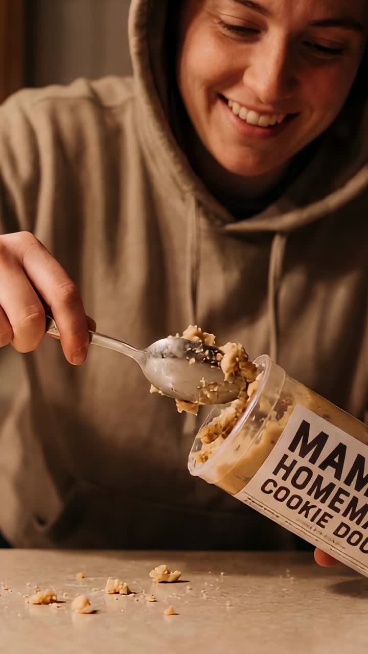 Vertical video: Tilting tub hoodie woman scooping cookie dough at counter, HOMEMADE tub and spoon