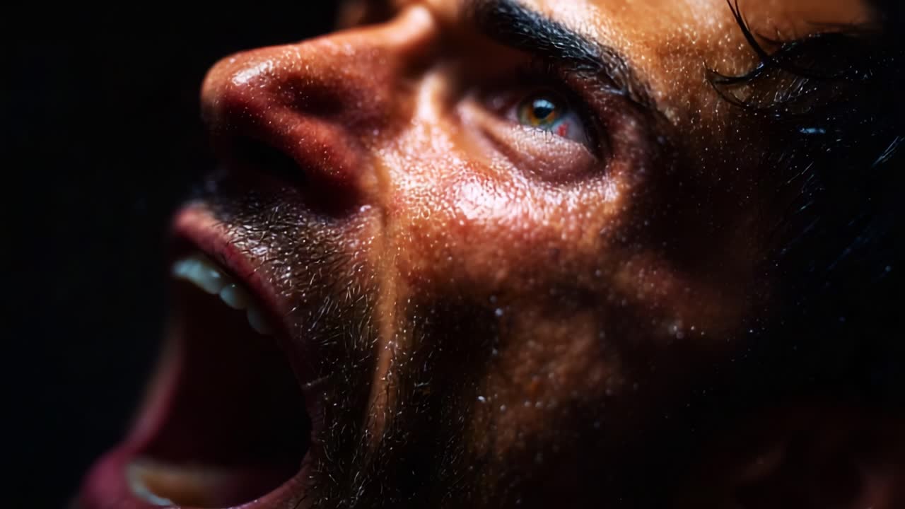 A close-up portrayal of an intense and emotional expression captured in a dramatic moment, showcasing raw feelings and the beauty of human struggle beneath the surface