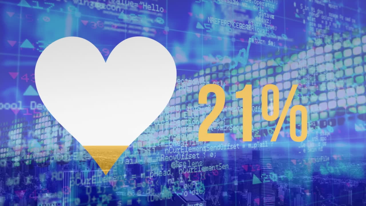 주식 시장 데이터 처리에 대한 증가하는 비율로 심장 아이콘의 애니메이션