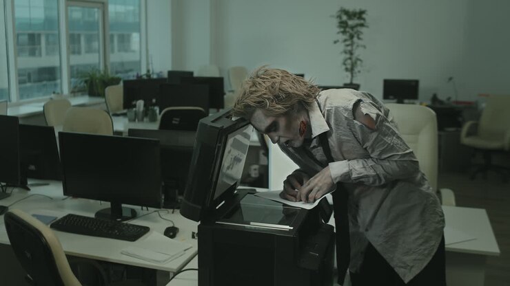 Zombie-Büroangestellter beim Kopieren