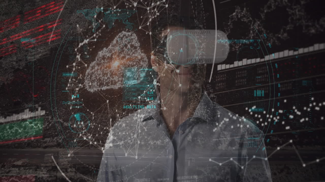 Animation of scope scanning and data processing over man wearing vr headset