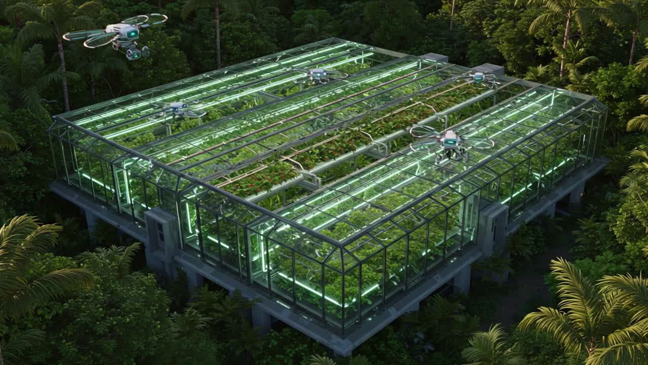 Innovative Drone-Assisted Greenhouse Farming: The Future of Sustainable Agriculture with Advanced Technology in a Lush, Green Environment