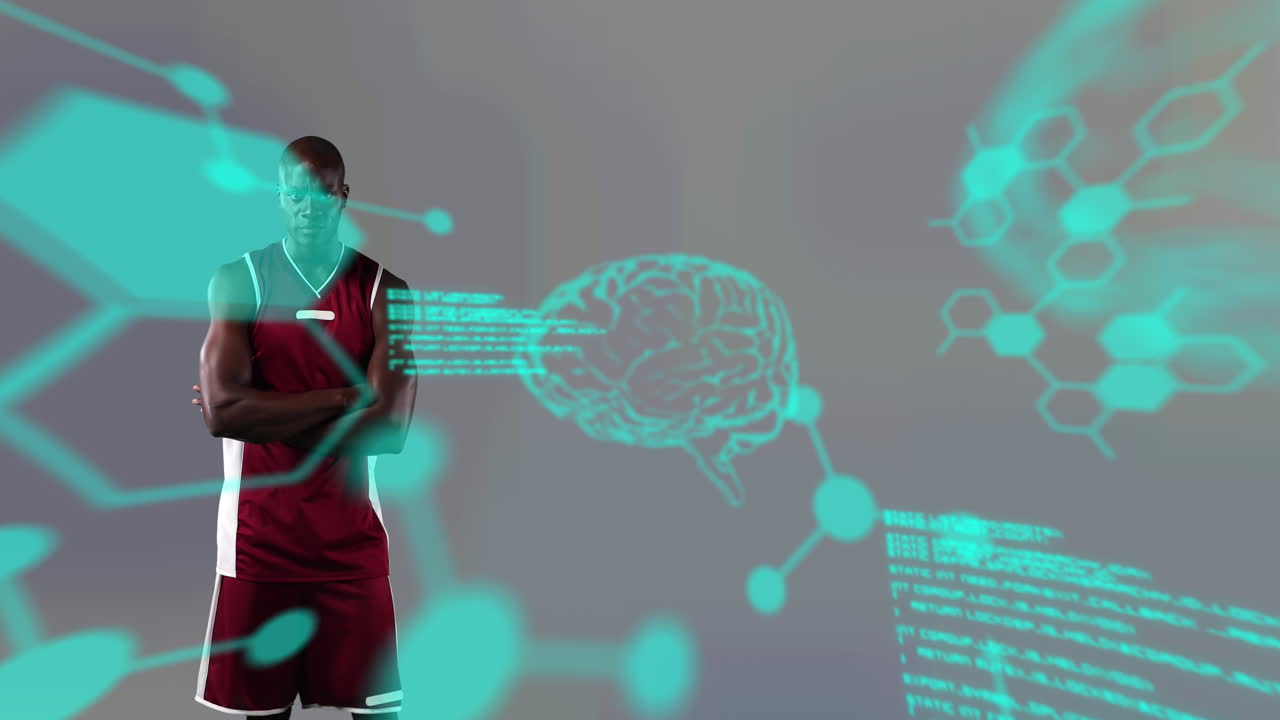 Animation of chemical structures over male basketball player