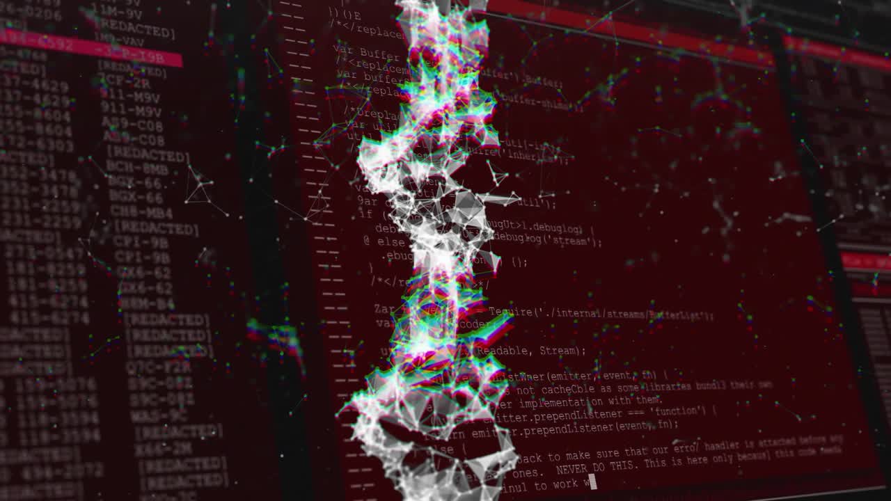 Bij opstarten pulseert een raster, terwijl zijpanelen code en geredigeerde vermeldingen voor monitoring scrollen.