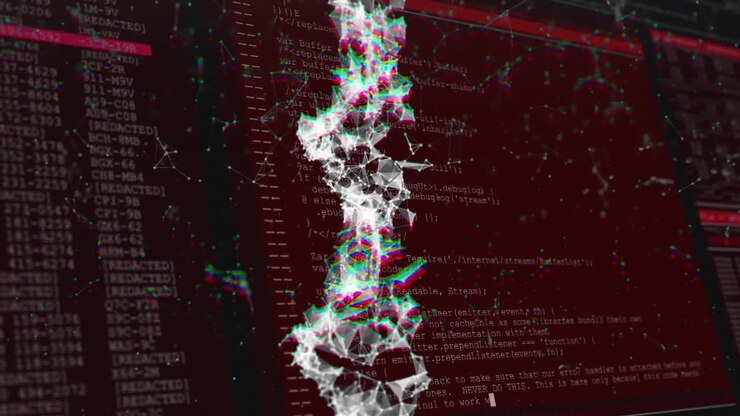 On startup pulsing lattice while flanking panels scrolling code and redacted entries for monitoring