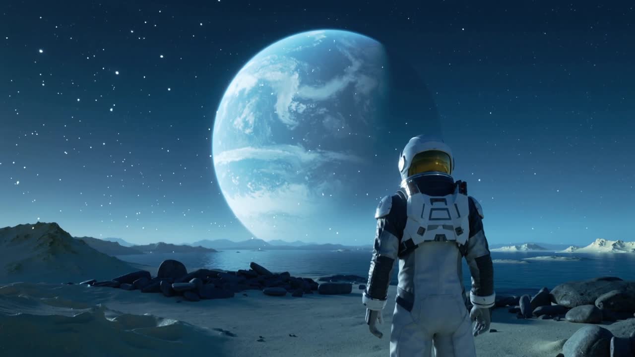 Kameraet panorerer, en hjelmklædt astronaut træder frem og overvåger horisonten på en iskold kyst med en planet i baggrunden, med plads til tekst.