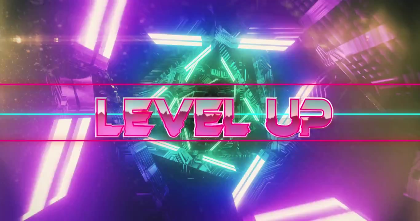 Animatie van 'level up' tekstbanner boven een neongroene en roze gloeiende tunnel in een naadloos patroon