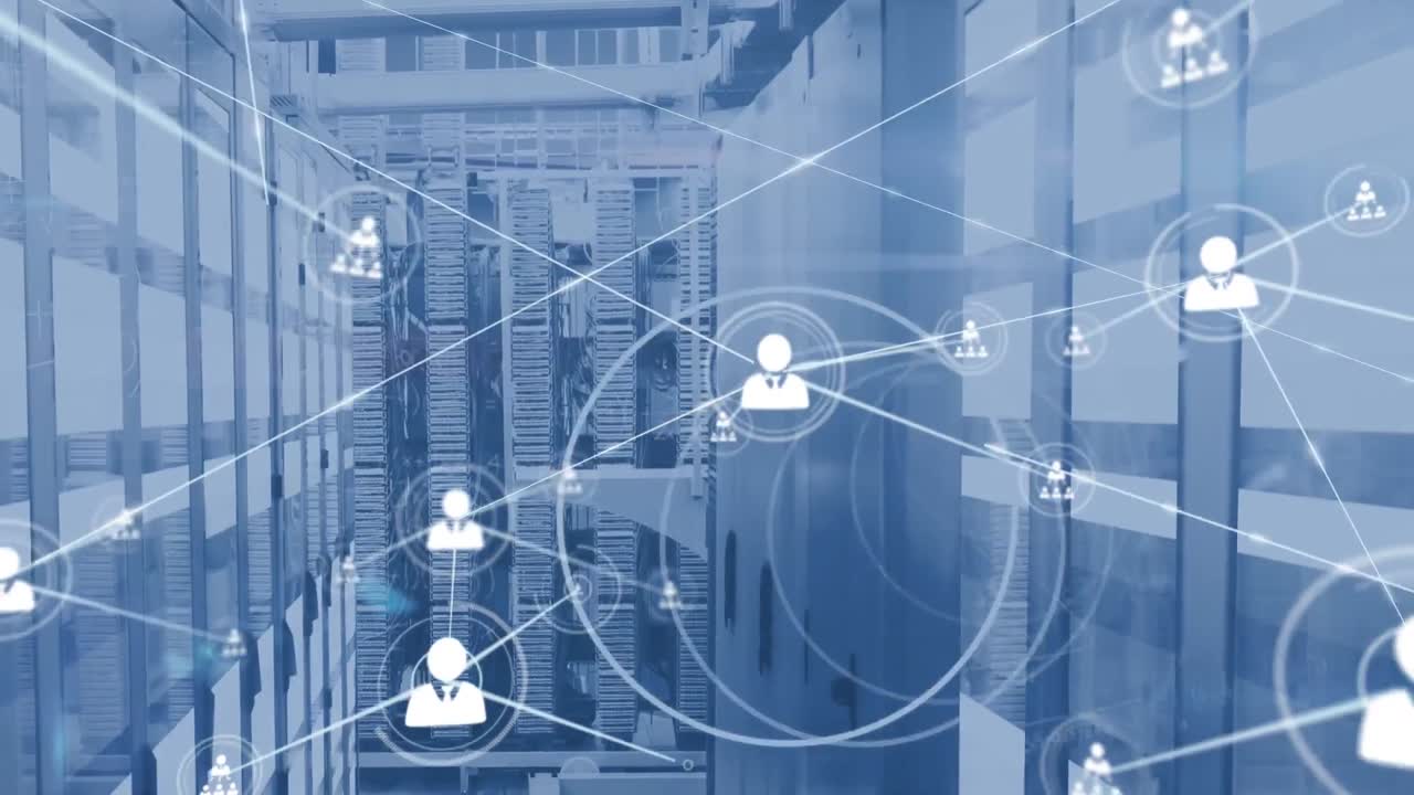 Animation of network of connections and data processing over computer servers