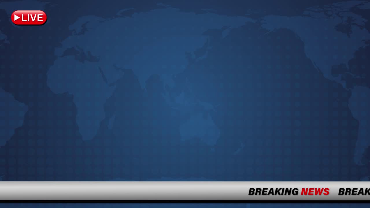 Animated news template with a world map, live indicator, and scrolling text. Blue tones create a professional, urgent atmosphere