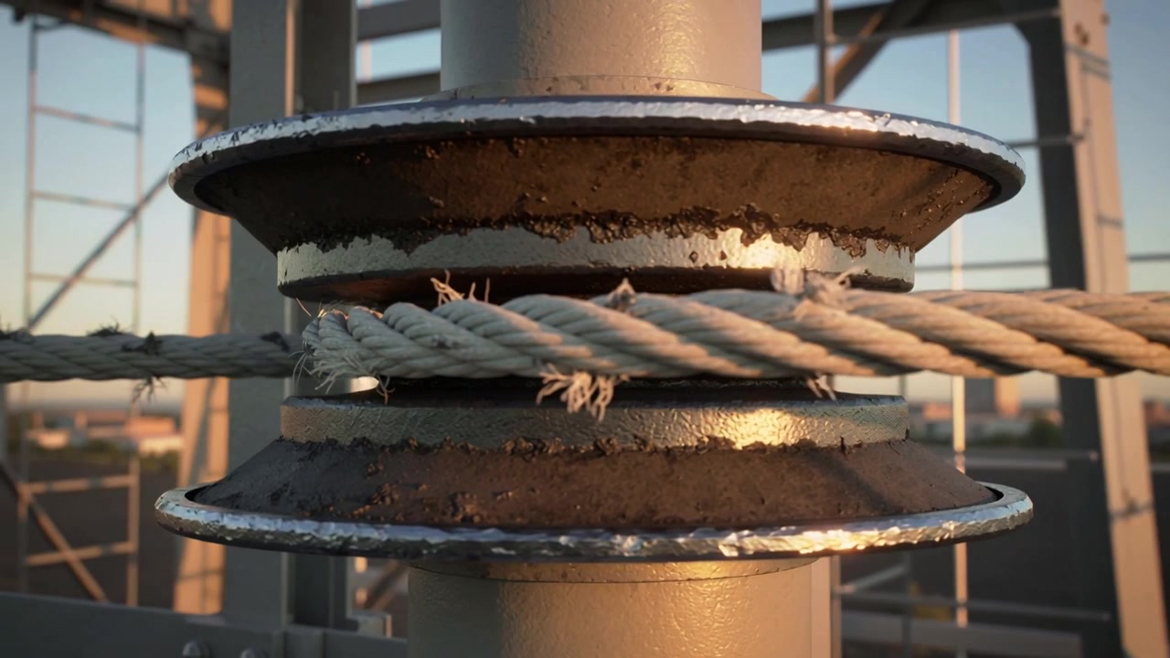 Corda a tre capi che si sposta e si attorciglia nella gola di una puleggia su una torre a causa della brezza, mostrando fibre sfilacciate