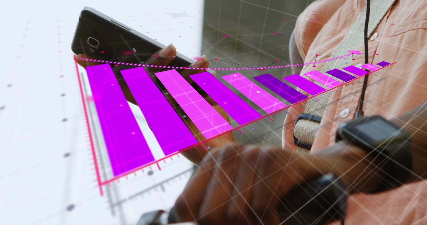 Woman holding phone above handlebar, single magenta bar appearing as 3D bars showing cycling data
