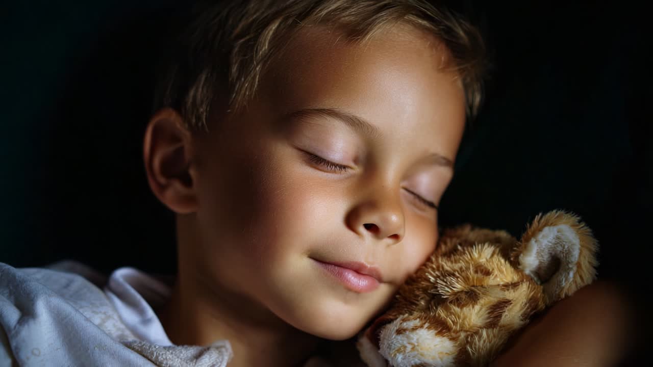 Un sonno sereno: un bambino abbraccia il suo morbido compagno, catturando l'innocenza e il comfort nella luce delicata del crepuscolo, riflettendo la bellezza dei sogni infantili e le emozioni tenere