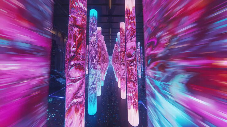 Camera starting at symmetry gliding through hall to show art, LED columns pulsing colors over floor