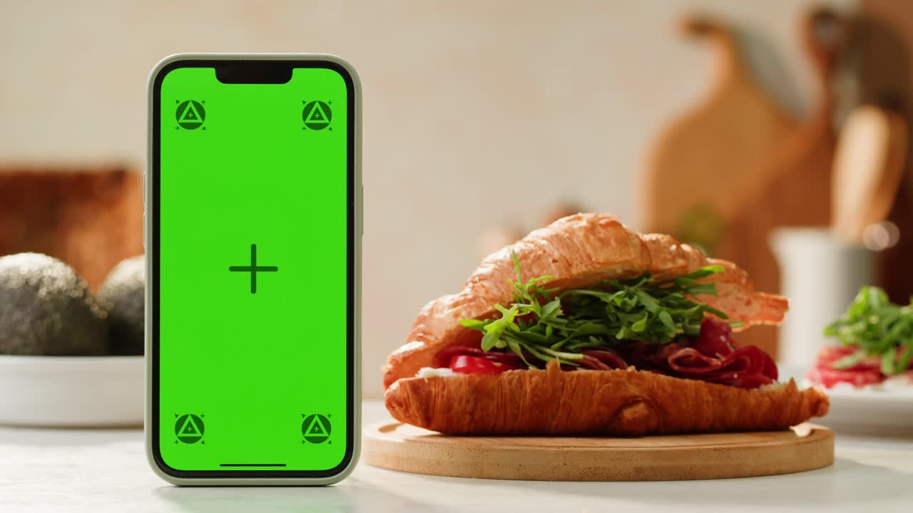 Green Screen Smartphone with Croissant Sandwich