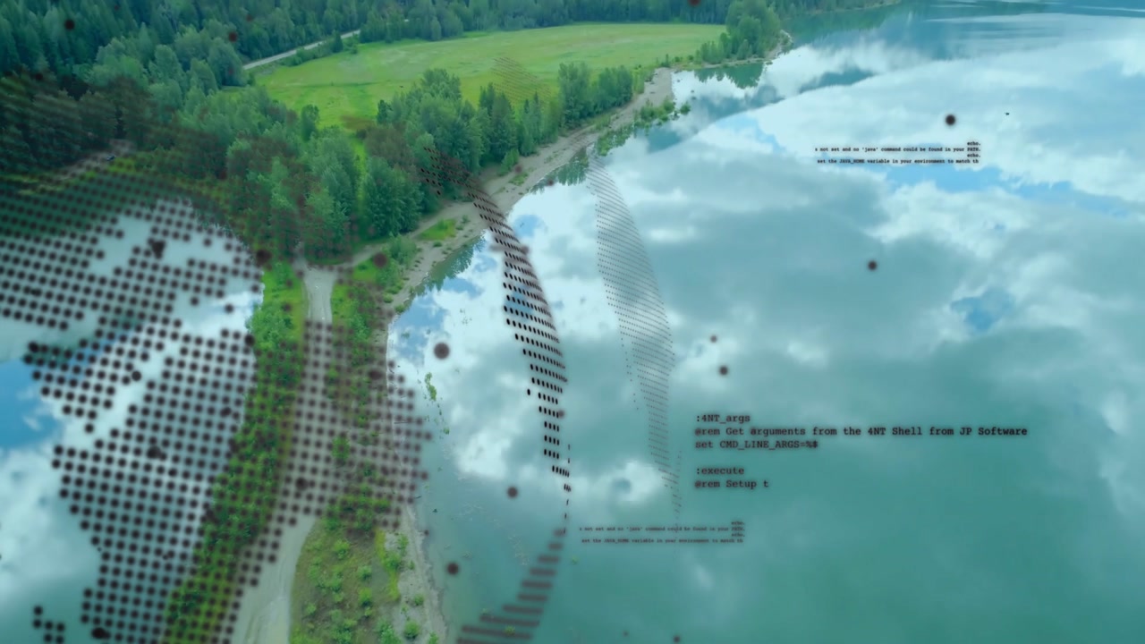 Drone approaching shoreline, dotted globe overlay rotating, data nodes fading, visualizing map data