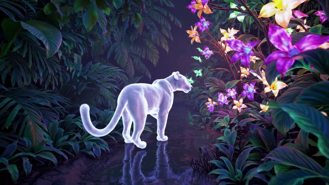 A glowing panther walks through a neon-lit jungle, viewed from behind