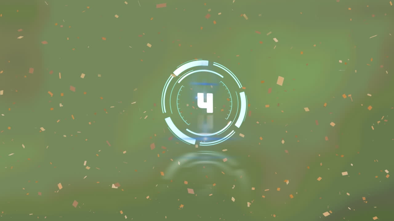 Animation of falling confetti over blue clock on green background