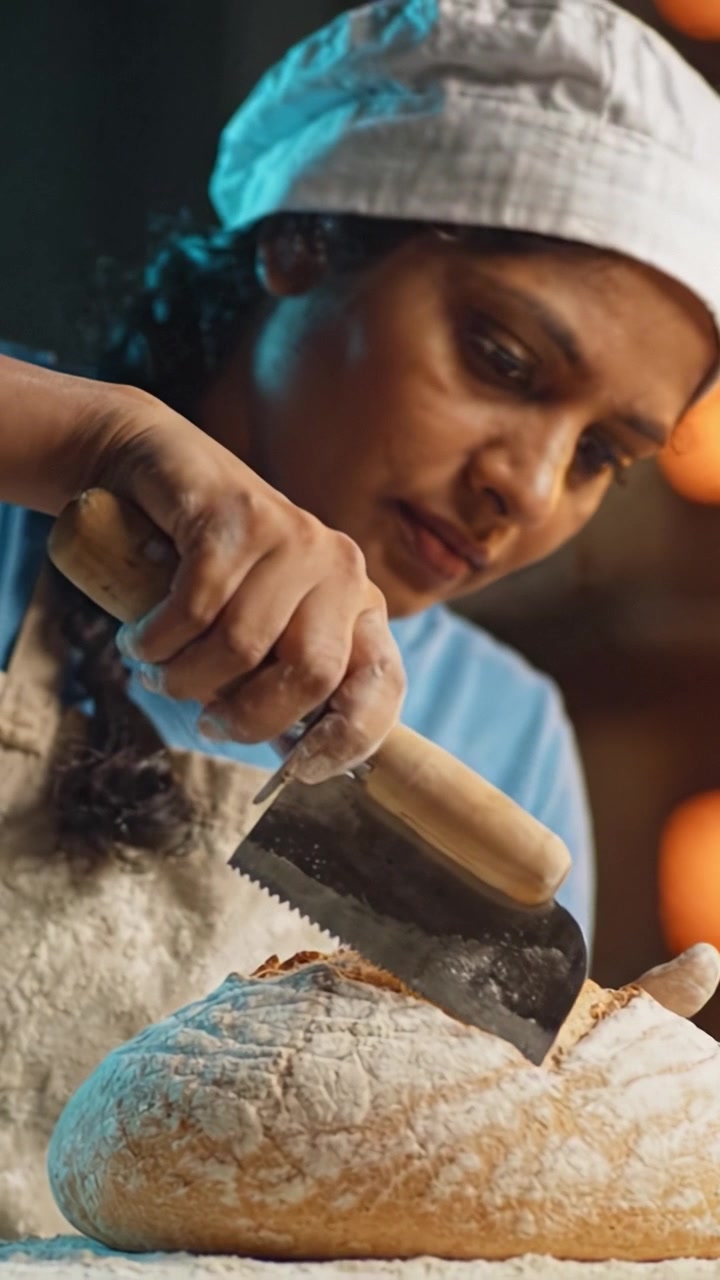A Passionate Baker Examines Freshly Baked Artisan Bread in a Bakery, Highlighting the Craftsmanship and Joy of Bread-Making, Radiating Warmth and Excitement
