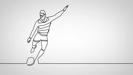 Animation-of-drawing-of-male-rugby-player-kicking-ball-on-white-background