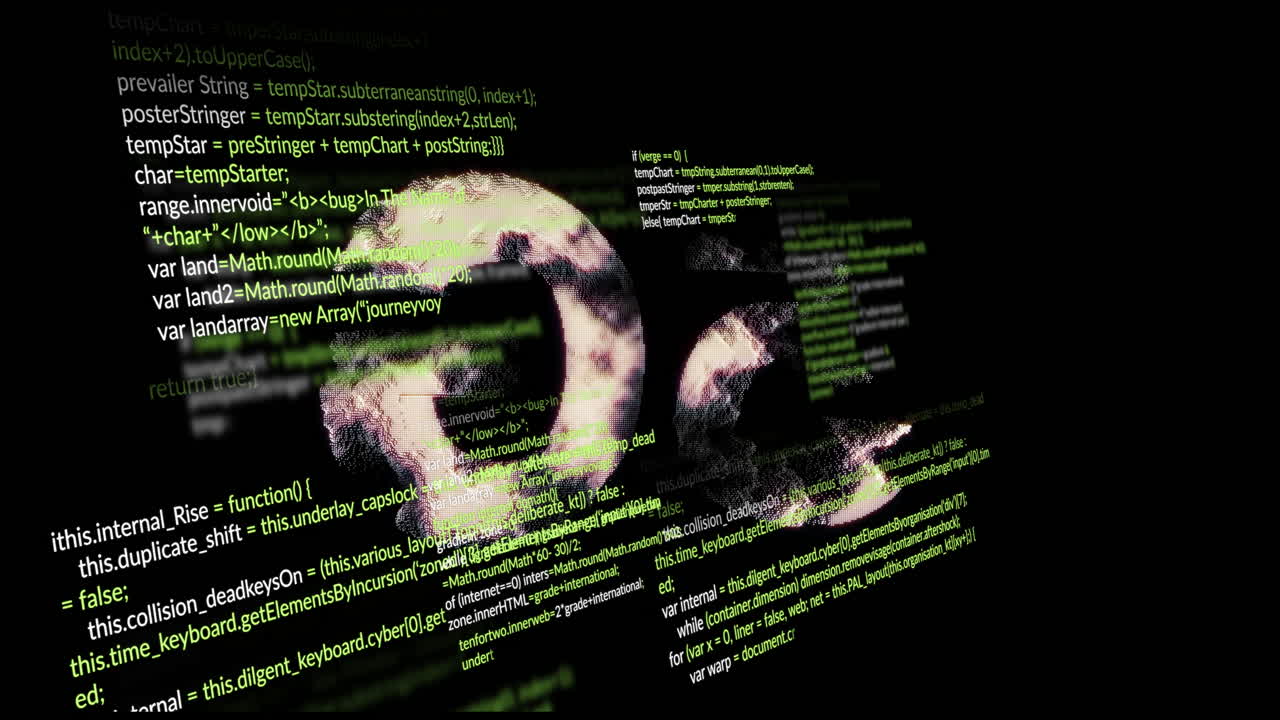 Computer code overlaying rotating planet Earth animations on black background