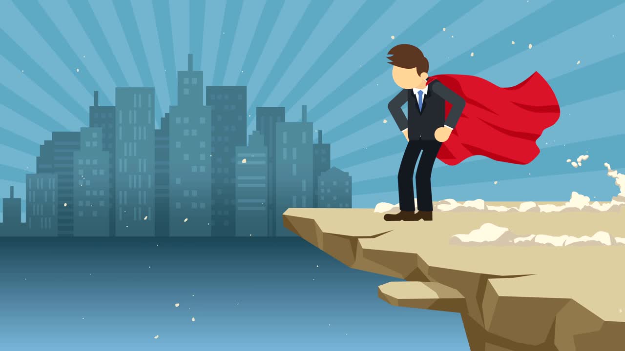 절벽 위에 서있는 슈퍼 히어로 사업가, 도전 준비, 비즈니스 상징, 도전과 성공 개념, 만화 루프 애니메이션