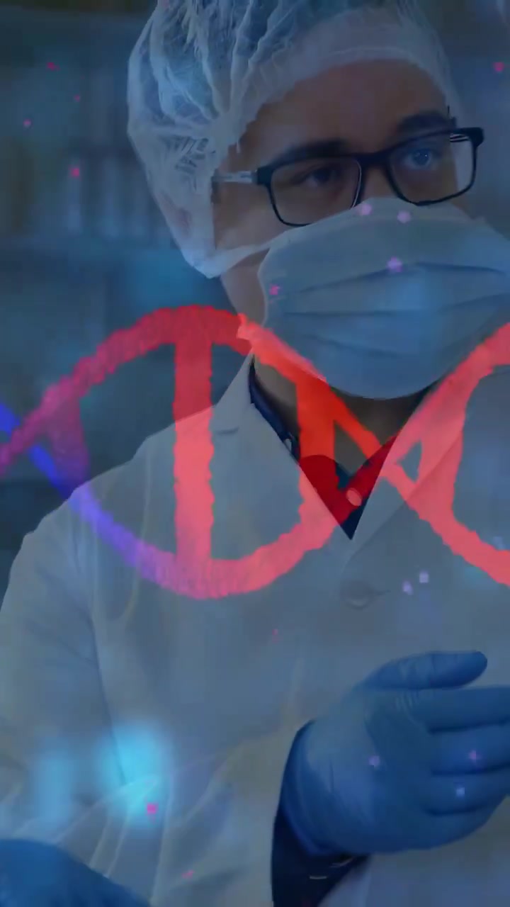 Video vertical: Investigador masculino preparándose los guantes en el laboratorio, con partículas disminuyendo y la hélice de ADN desvaneciéndose.