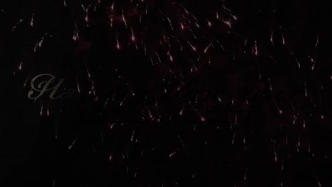 animación digital de texto de feliz año nuevo dorado contra obras de fuego explotando sobre fondo negro