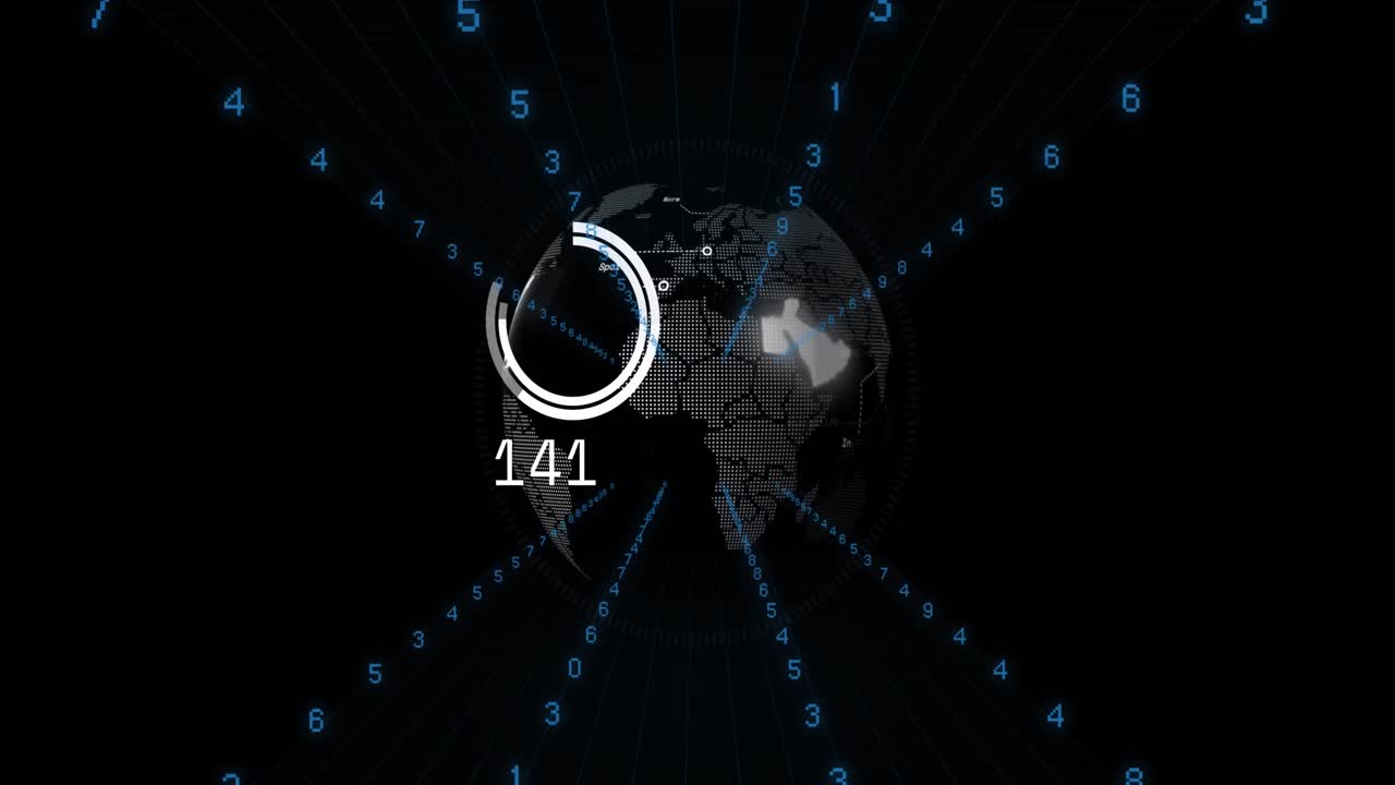 Animation of data processing and globe over black background