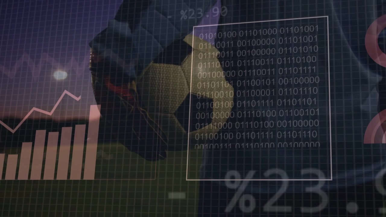 Soccer player lifting ball pitch as camera panning HUD charts analyzing sports stats around ball