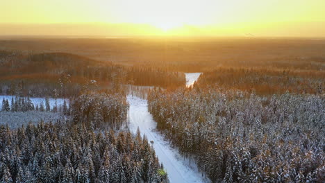 Hermosa-Puesta-De-Sol-Sobre-El-Bosque-Nevado,-Hdr-4k-Vista-Aérea-De-Invierno