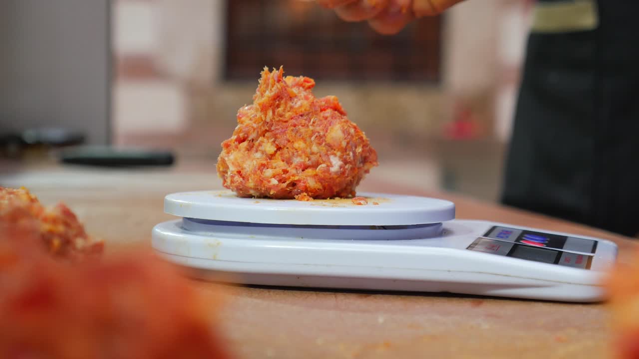 한 손이 부에서 디지털 스케일로 고기 어리 고기 공을 무게를 매니다.